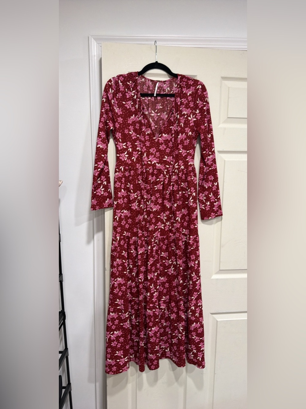 Free People Burgundy Maxi Dress with Pink Floral Print